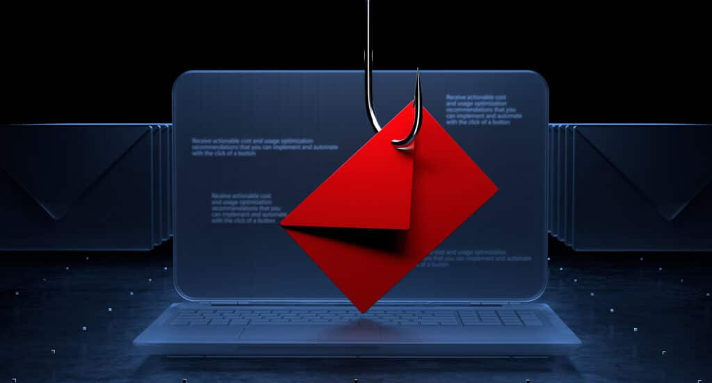A hooked red envelope illustrates phishing attacks stealing sensitive data from law firms.