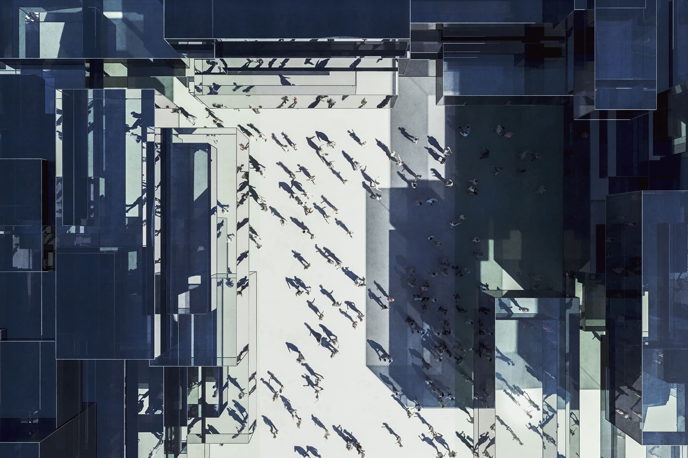 Aerial view of people near tall geometric buildings—perfect for law firm human capital consulting.