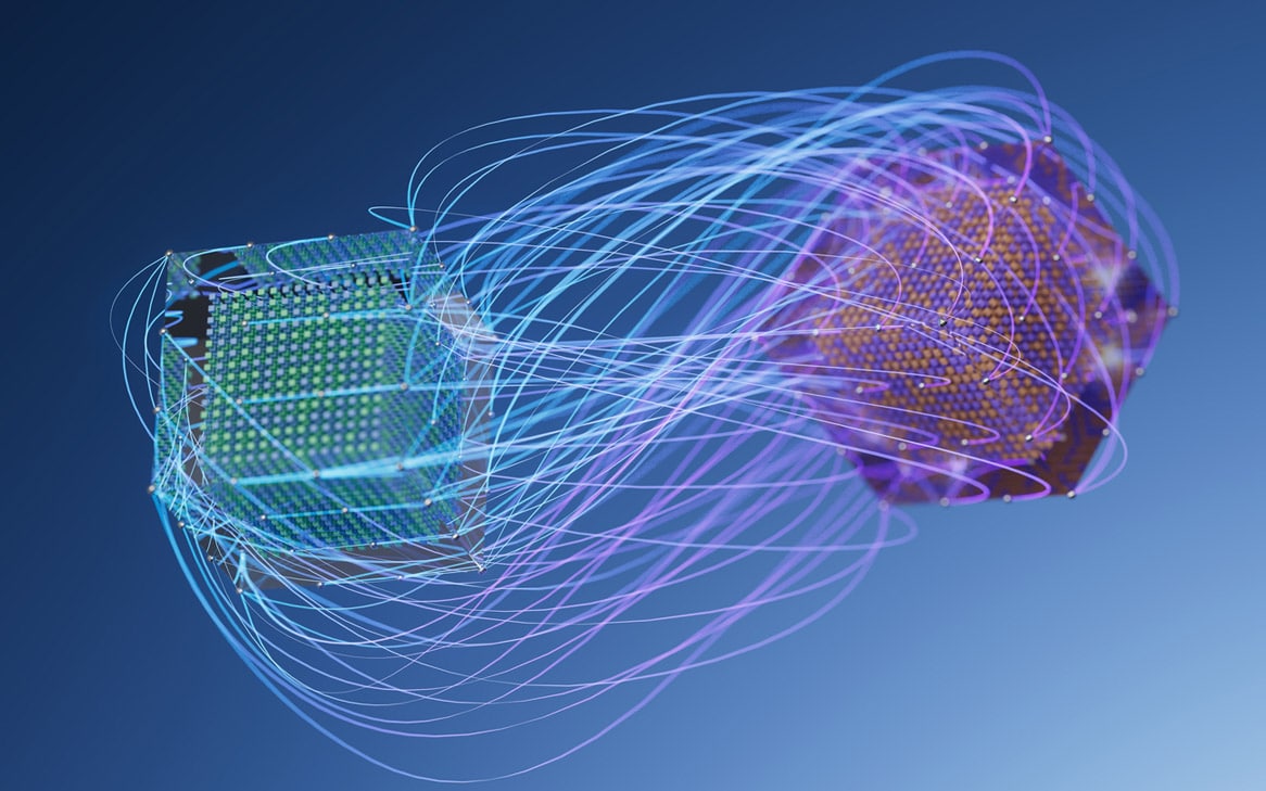 Two digital cubes linked by swirling lights, symbolizing AI Legal Document Analysis Consulting.