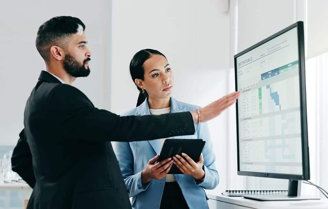 Data, presentation and business people with tablet in the office for project statistics planning, Discussion, technology and advisors collaboratively analyzing data