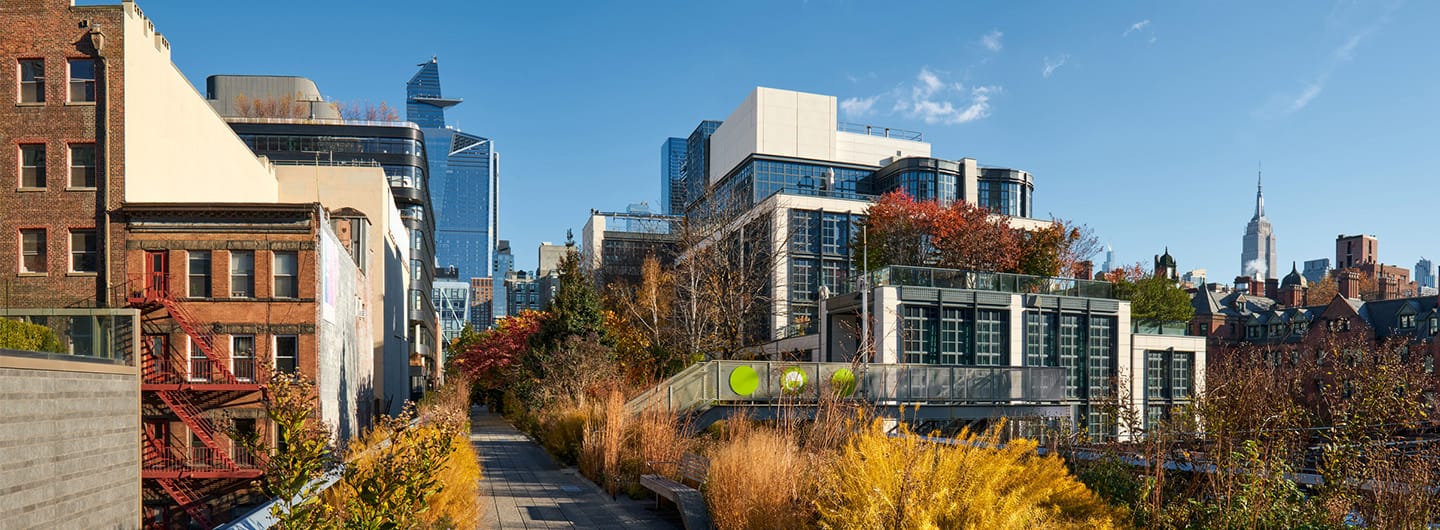 New York City panoramic view of the High Line promenade in Autumn with Hudson yards skyscrapers. Chelsea, Manhattan