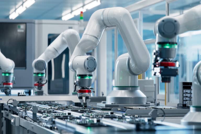 Robotic arms assembling electronic components with advanced Manufacturing IT Consulting.