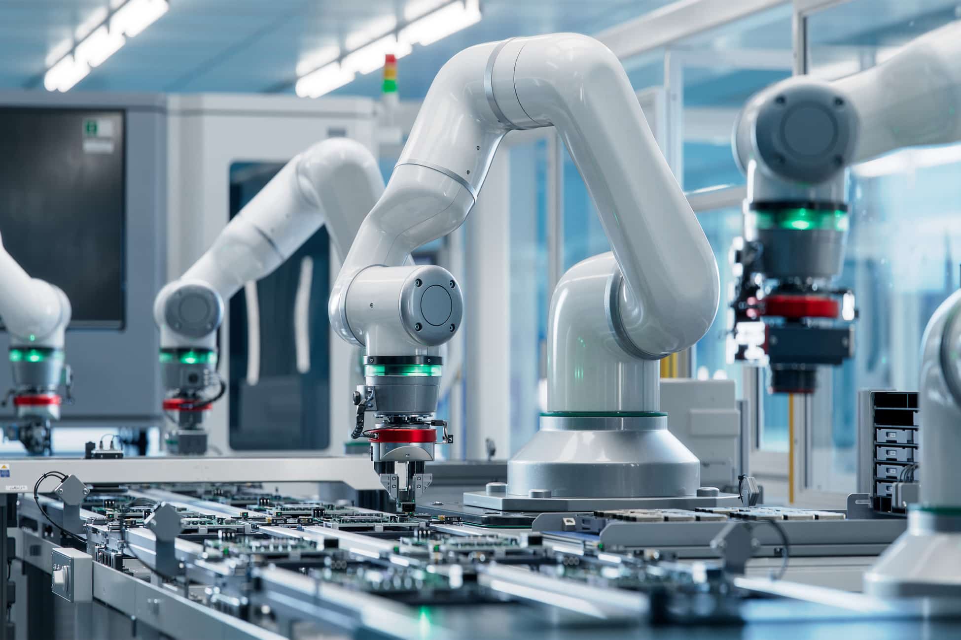 Robotic arms assembling electronic components with advanced Manufacturing IT Consulting.