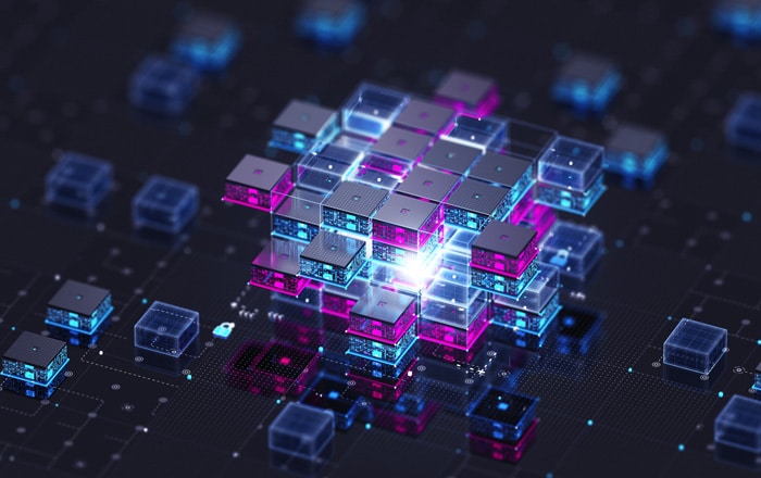Glowing digital cubes interconnected, symbolizing aviation digital transformation consulting.