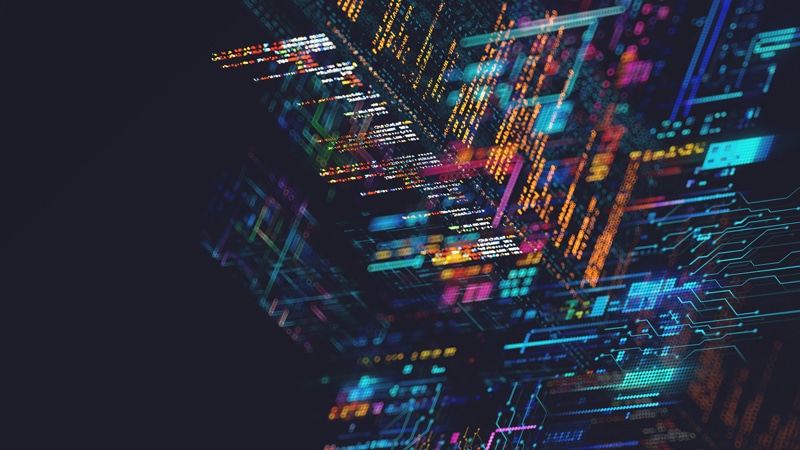 Colorful digital data and code on a dark background, evoking technology and machine learning consulting.