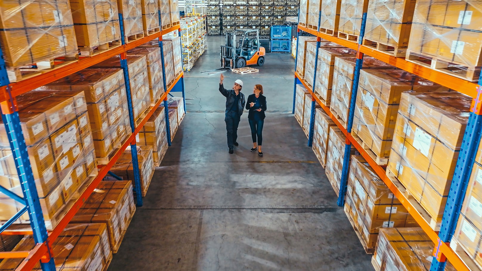 Two people discuss global logistic corporare performance consulting strategies in a warehouse.