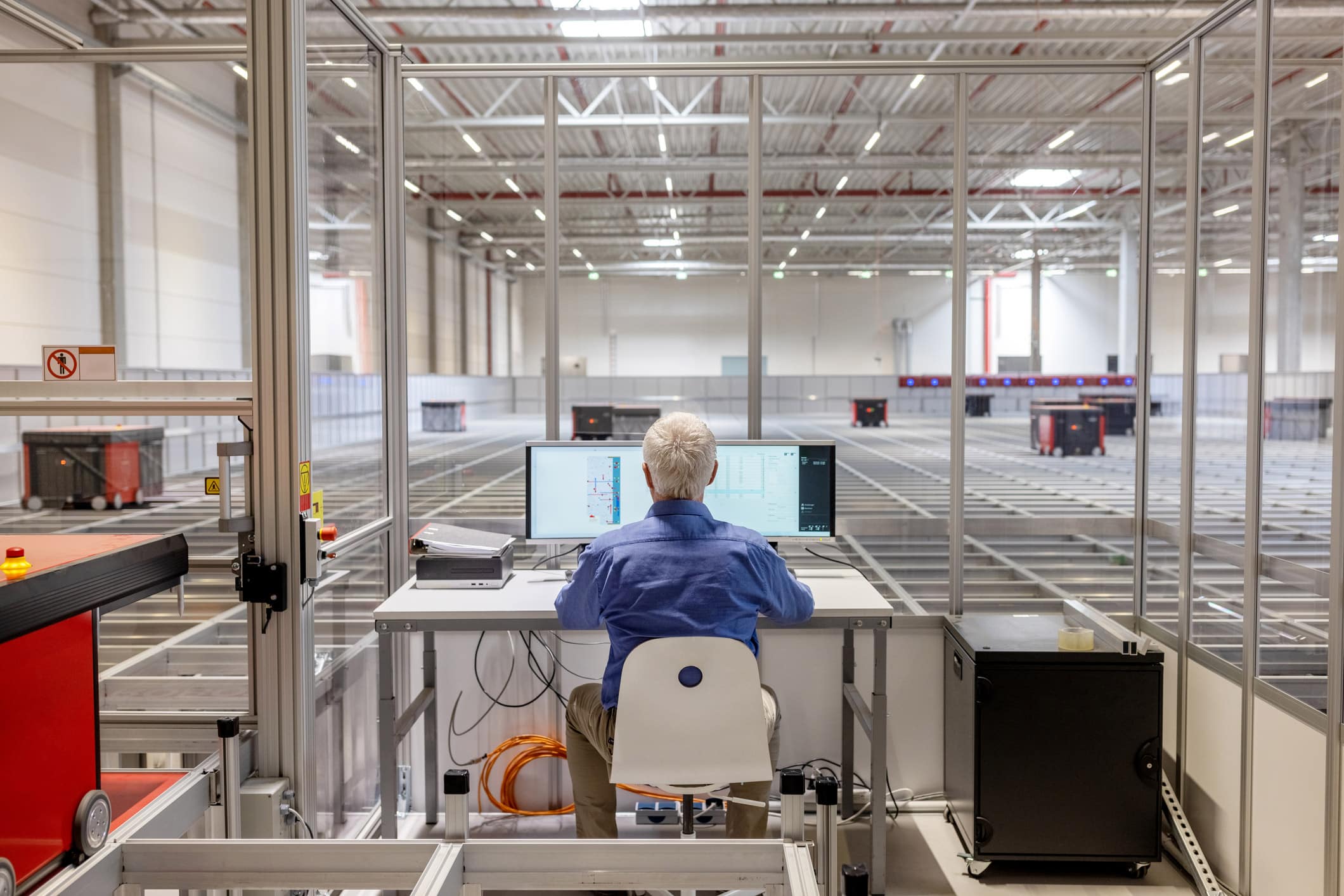 Person with gray hair works at a computer desk for a global logistic IT consulting company.