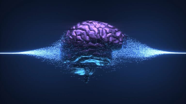 A digital brain floats for Law Firm AI, Data Cognitive Sciences with glowing particle waves.