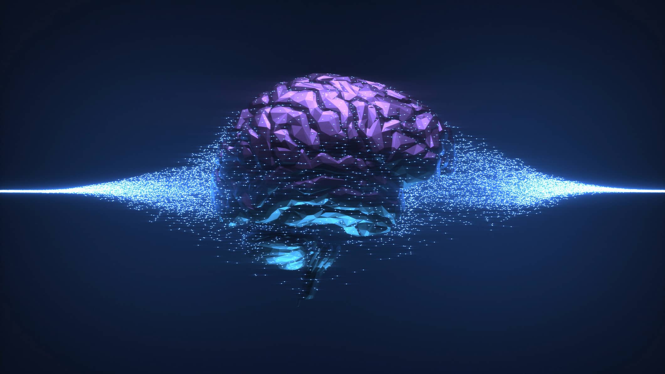 A digital brain floats for Law Firm AI, Data Cognitive Sciences with glowing particle waves.