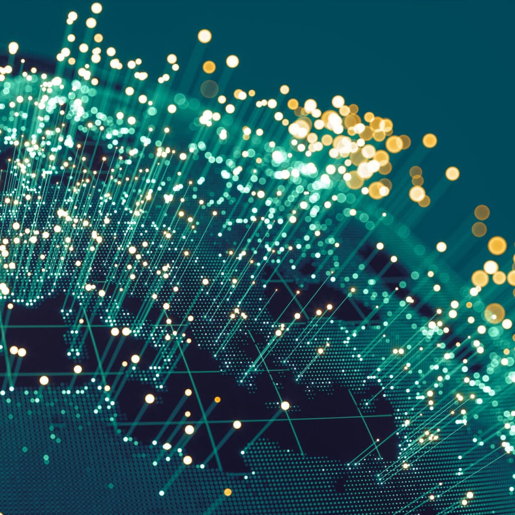 Glowing data points and lines connect, visualizing global Law Firm Marketing Consulting.