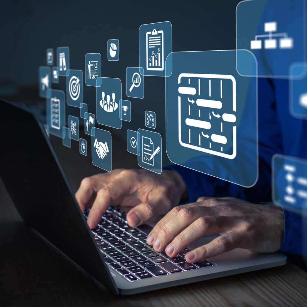 Hands typing on laptop with Law Firms Resource Optimization Consulting icons floating above.