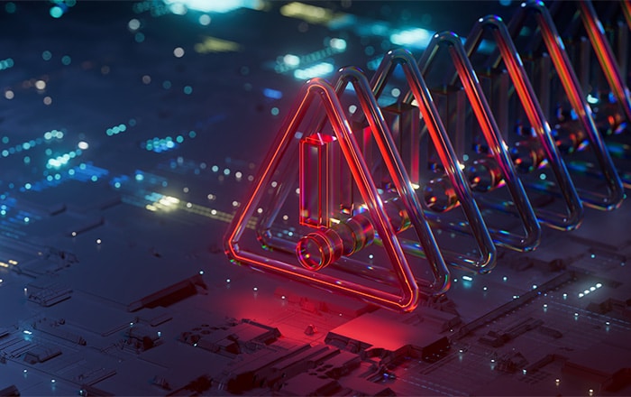 Glowing red warning triangle signals cyber incident response services on a digital circuit board.