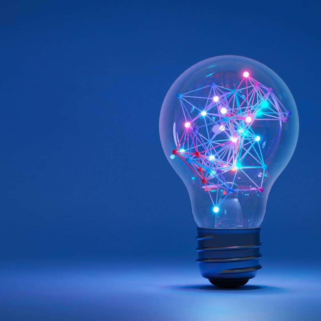 A lightbulb with colorful network connections, symbolizing eDiscovery Artificial Intelligence.