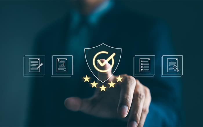 Person in suit touching digital shield icon, highlighting email security consulting services.