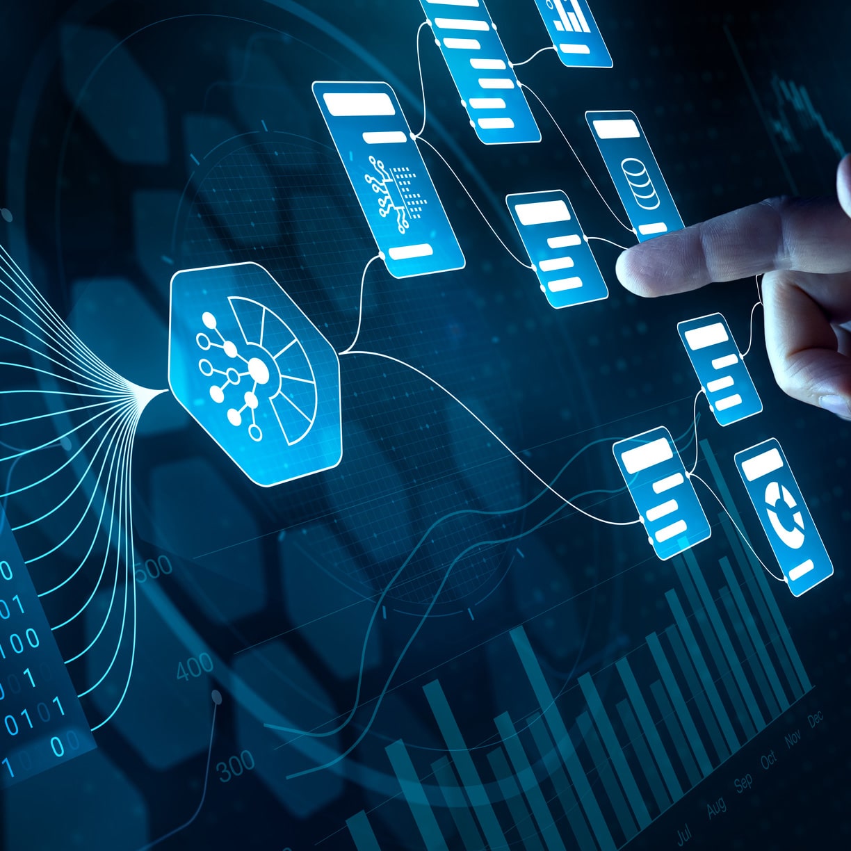 Finger interacting with digital interface showcasing Predictive Analytics Consulting & data graphs.