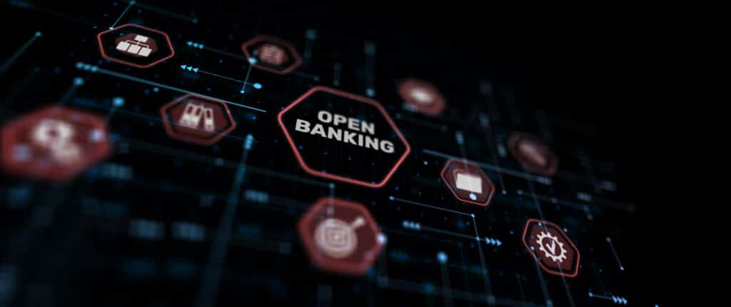 Digital graphic with Open Banking in the center, surrounded by financial technology icons.