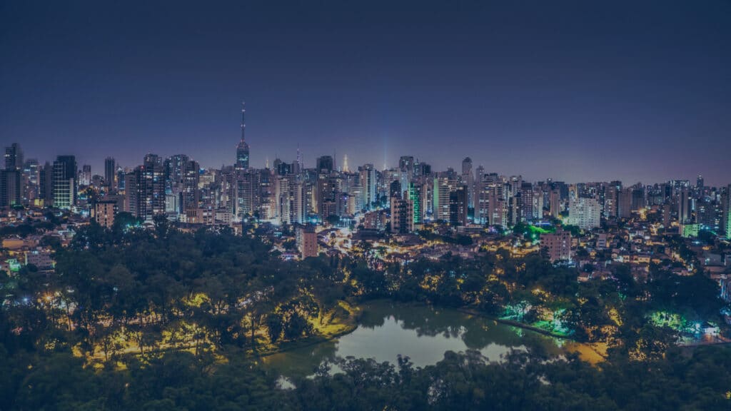 Aerial view of São Paulo, Brazil skyline with high-rise buildings at sunset