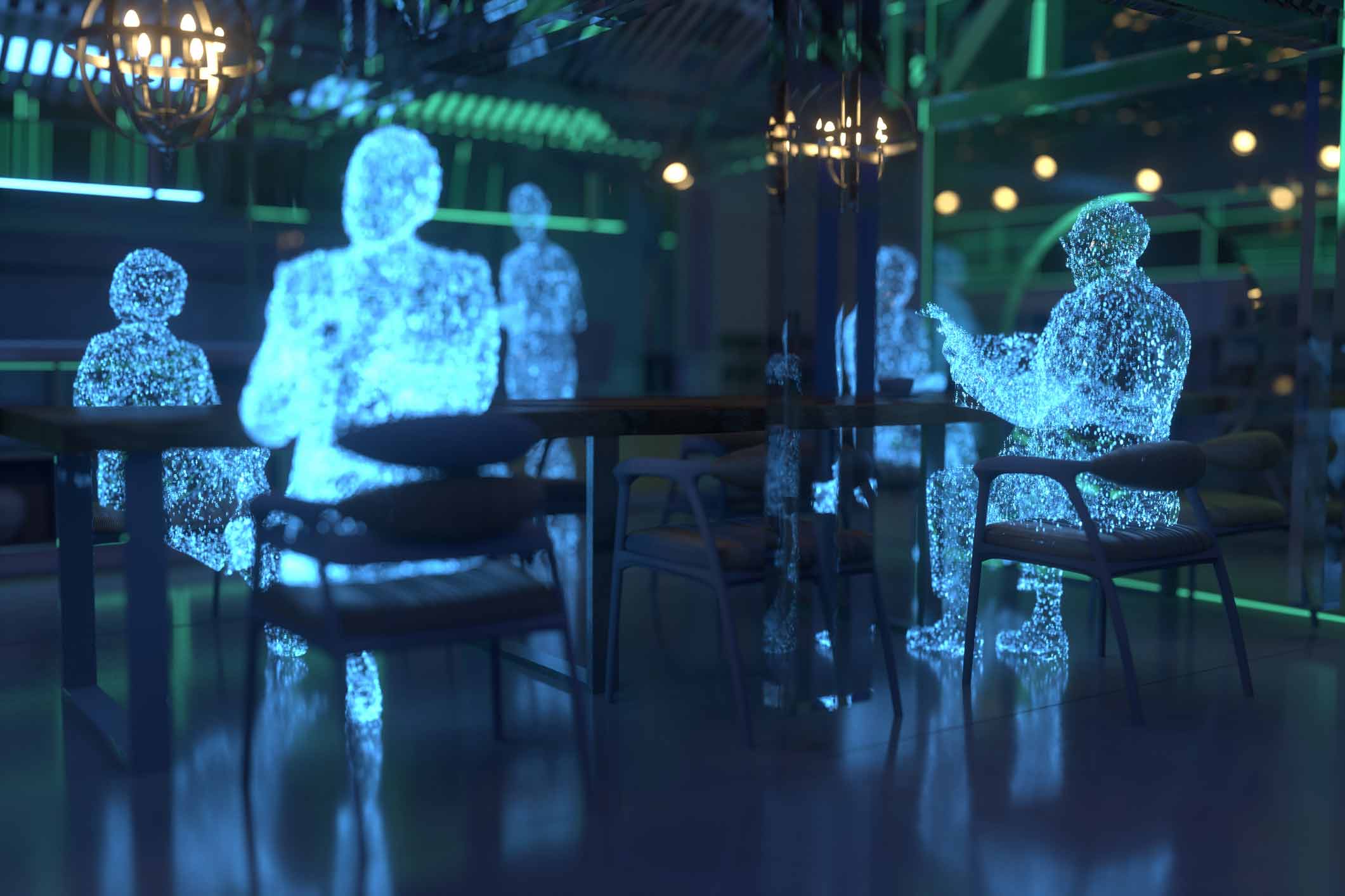 Glowing digital figures discuss Advanced Analysis & Artifact Recovery in a neon-lit room.