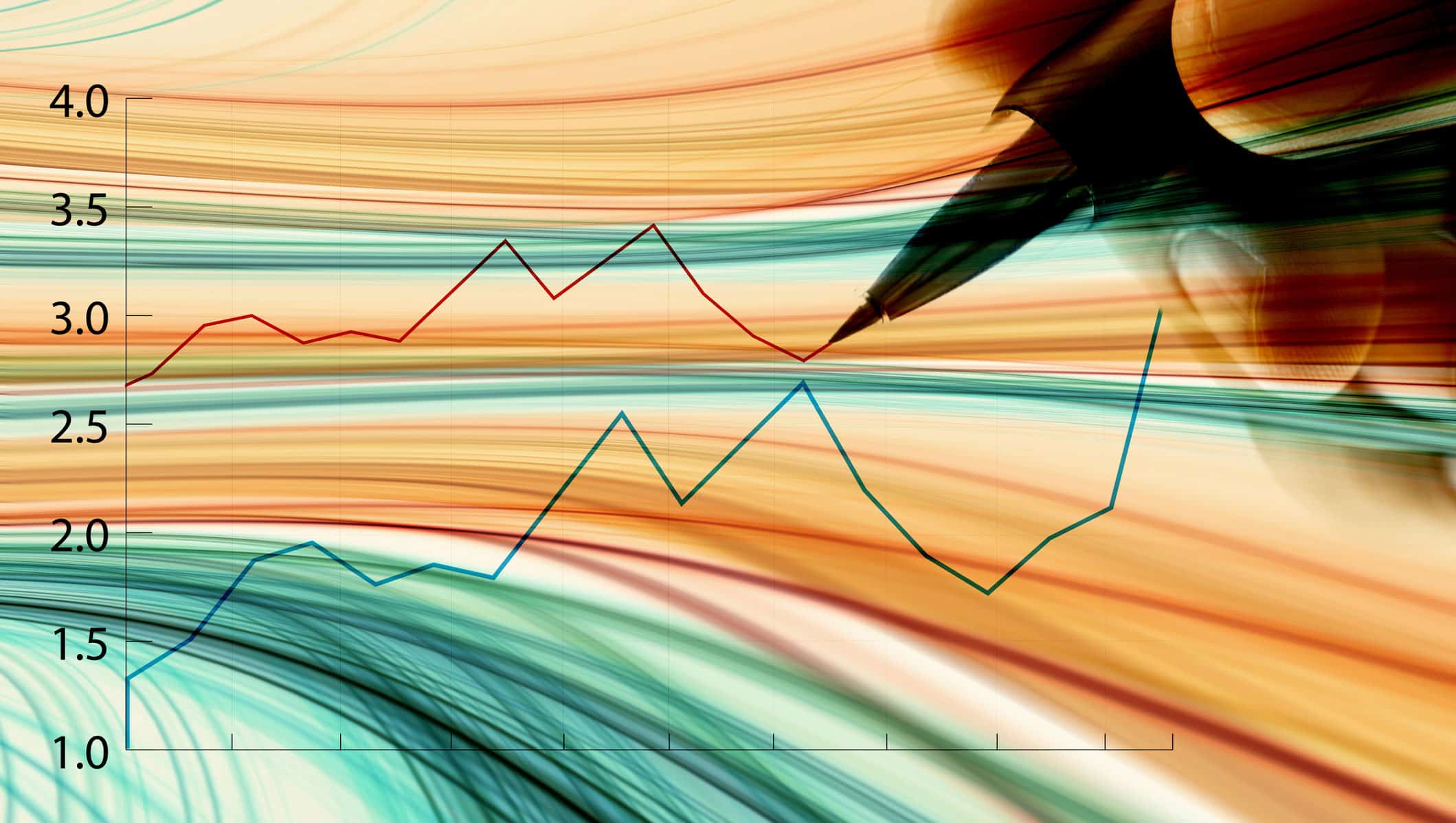A pen draws over a colorful graph of economic damages with two fluctuating lines.