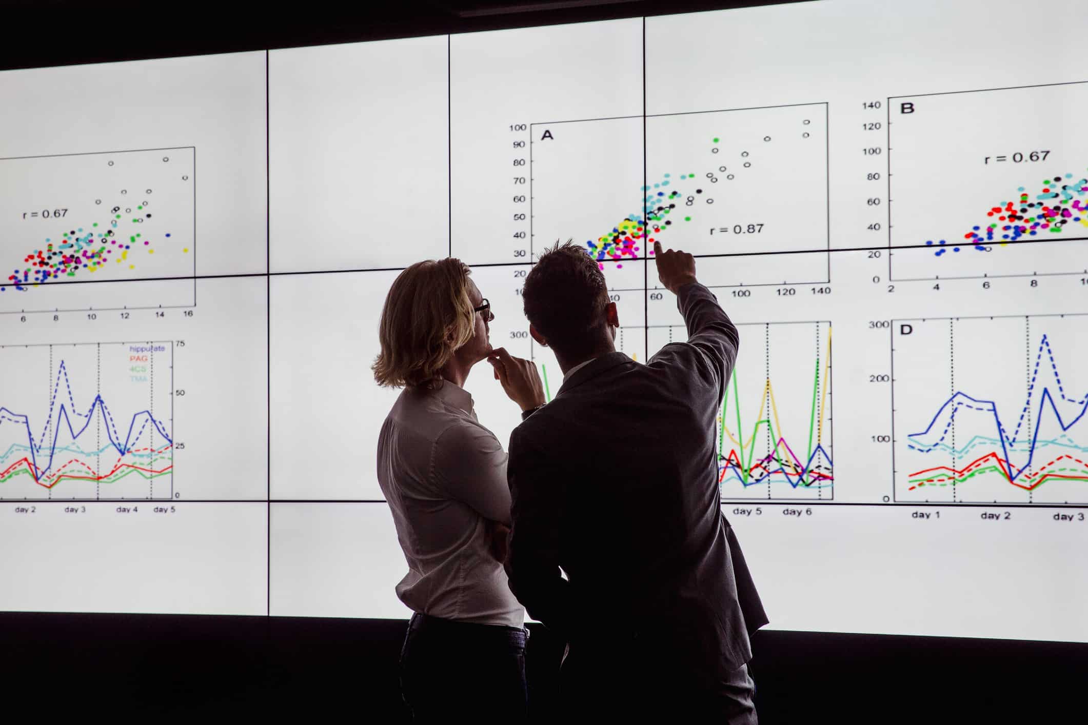 Two people analyze healthcare litigation support charts and graphs on large screens.