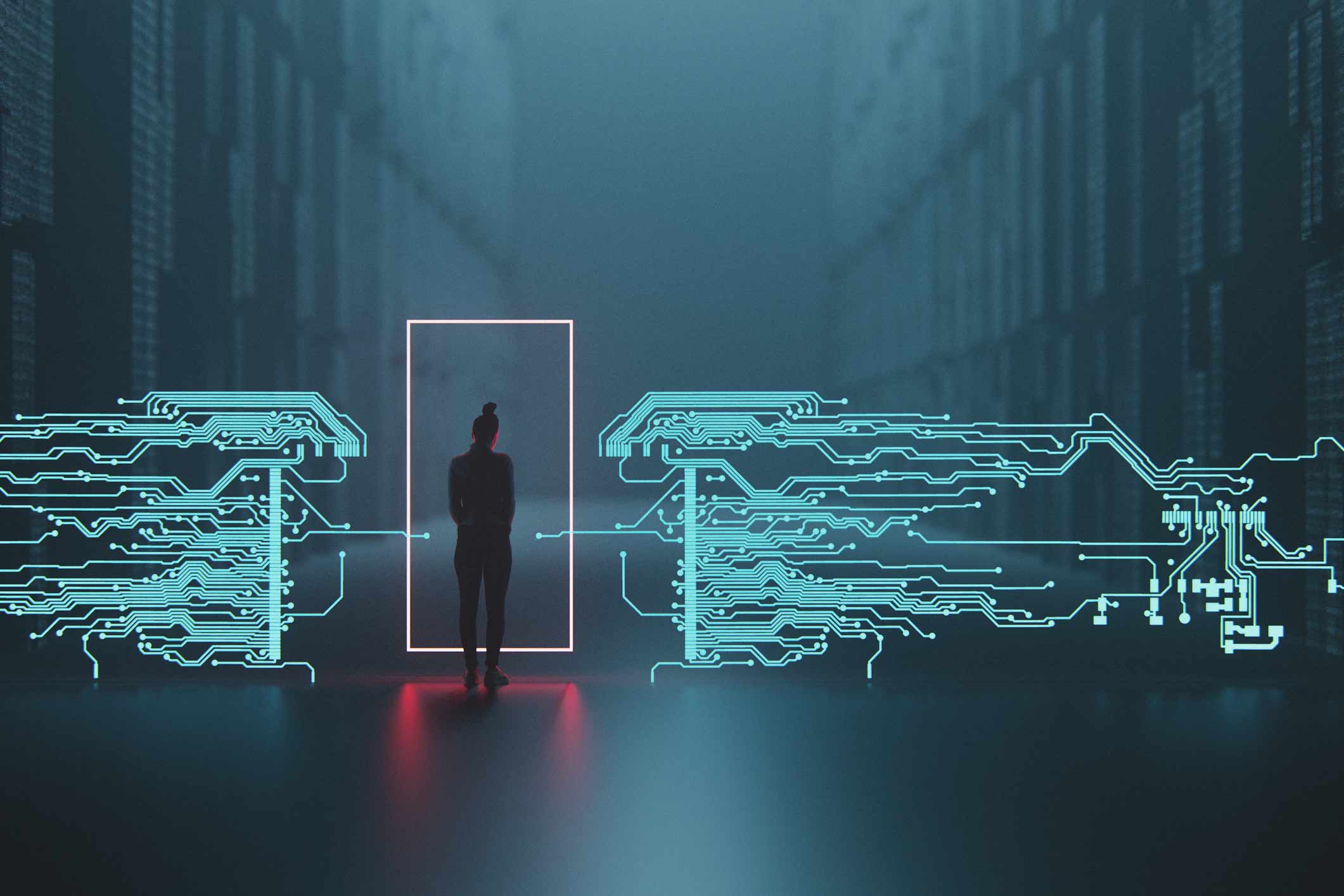 Person standing in a digital corridor, symbolizing IT disaster recovery consulting solutions.