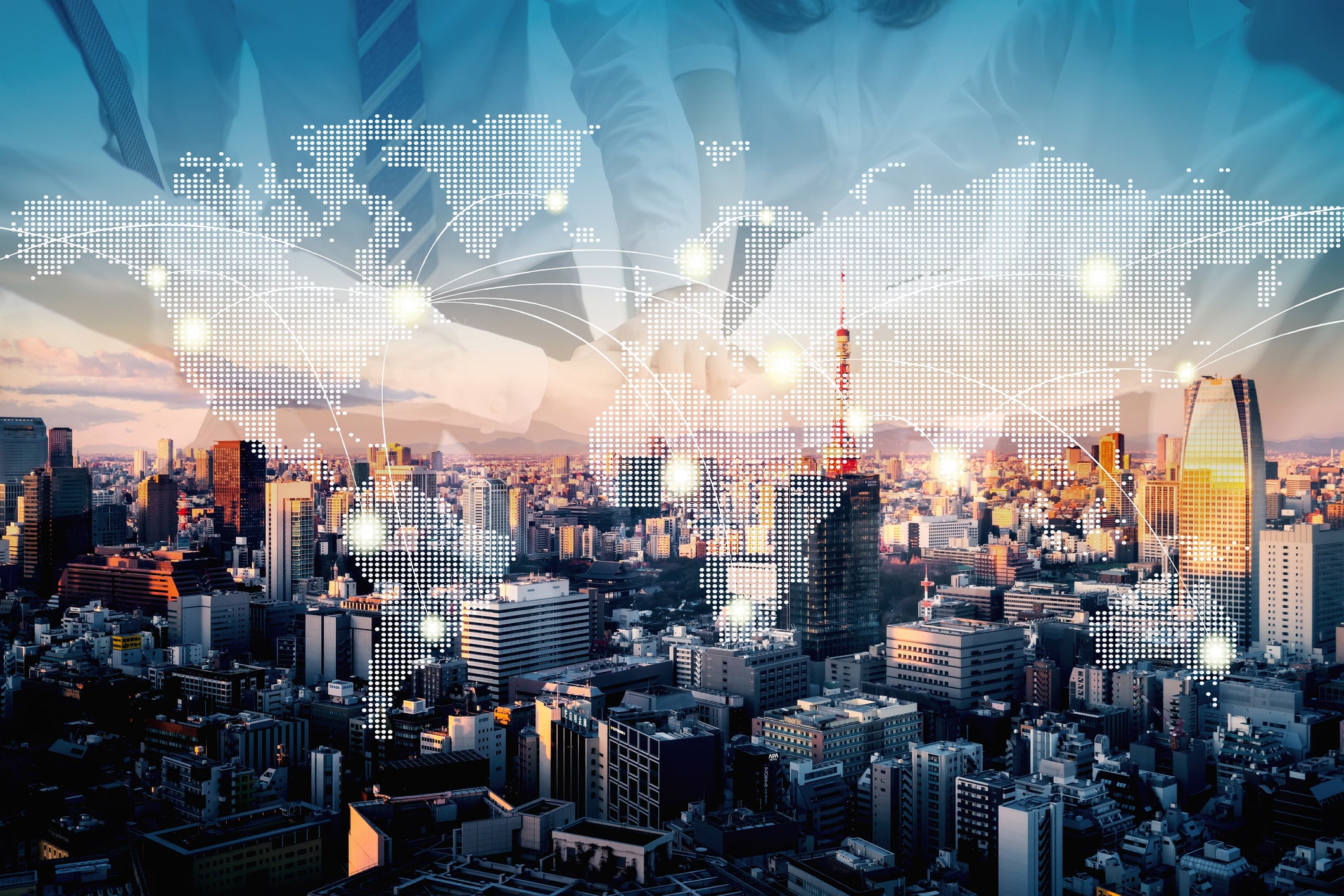 City skyline with a digital world map, glowing connections, and Corporate Tax Compliance theme.