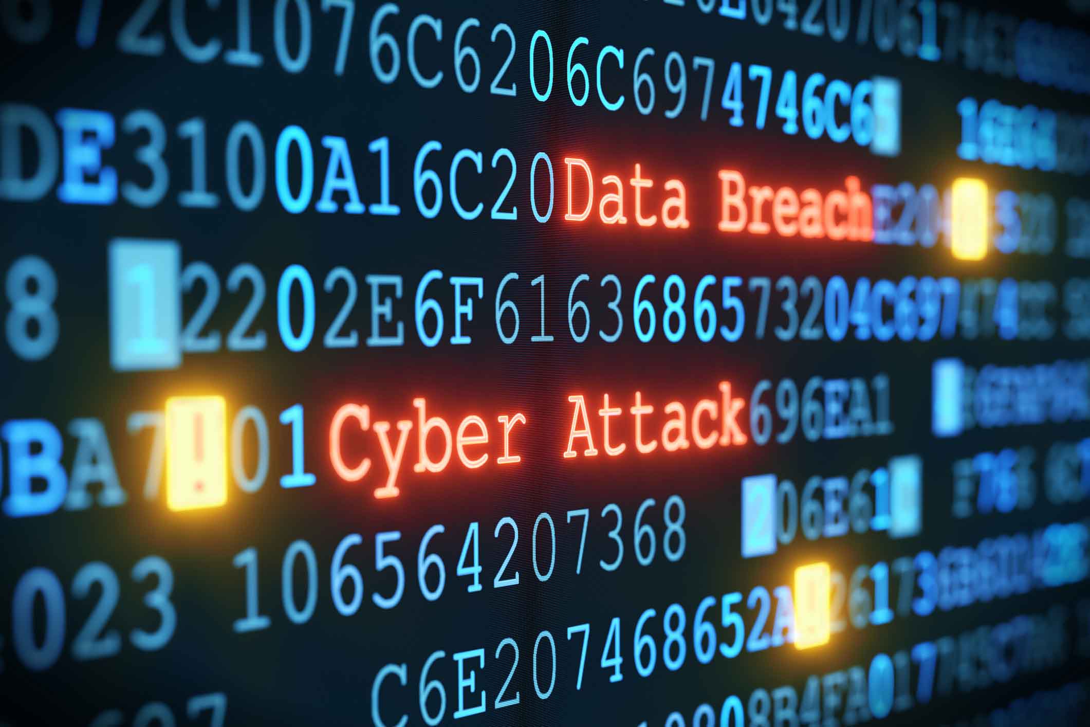 Computer screen with code, Data Breach and Cyber Attack flagged by data breach consultants.