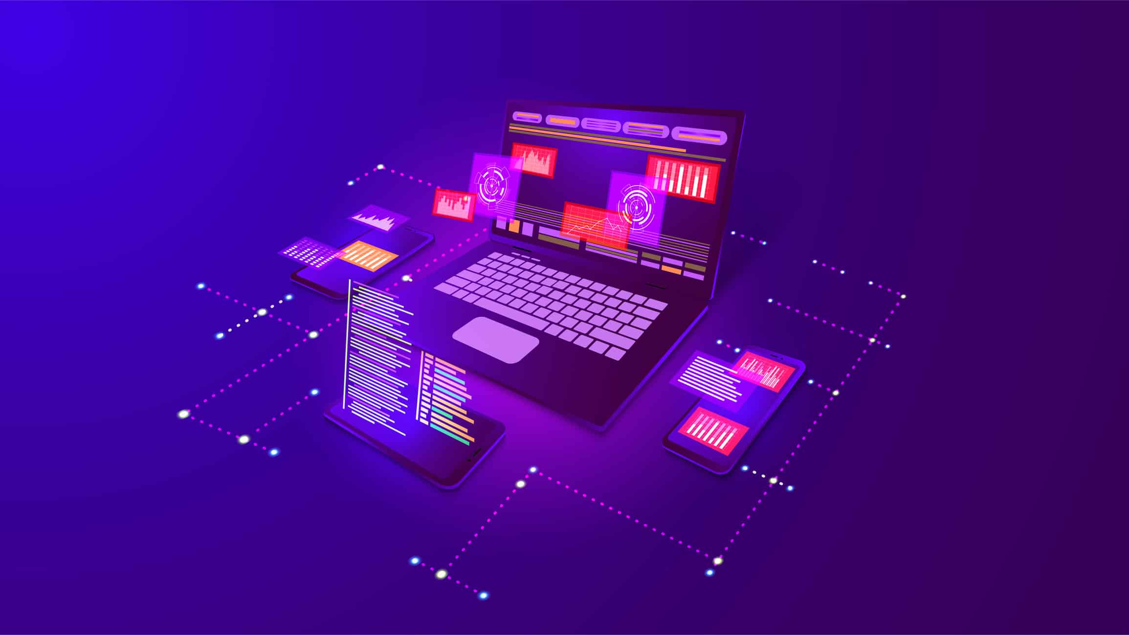 Laptop and devices with code and graphs, highlighting Modern Data Architecture Consulting Services.