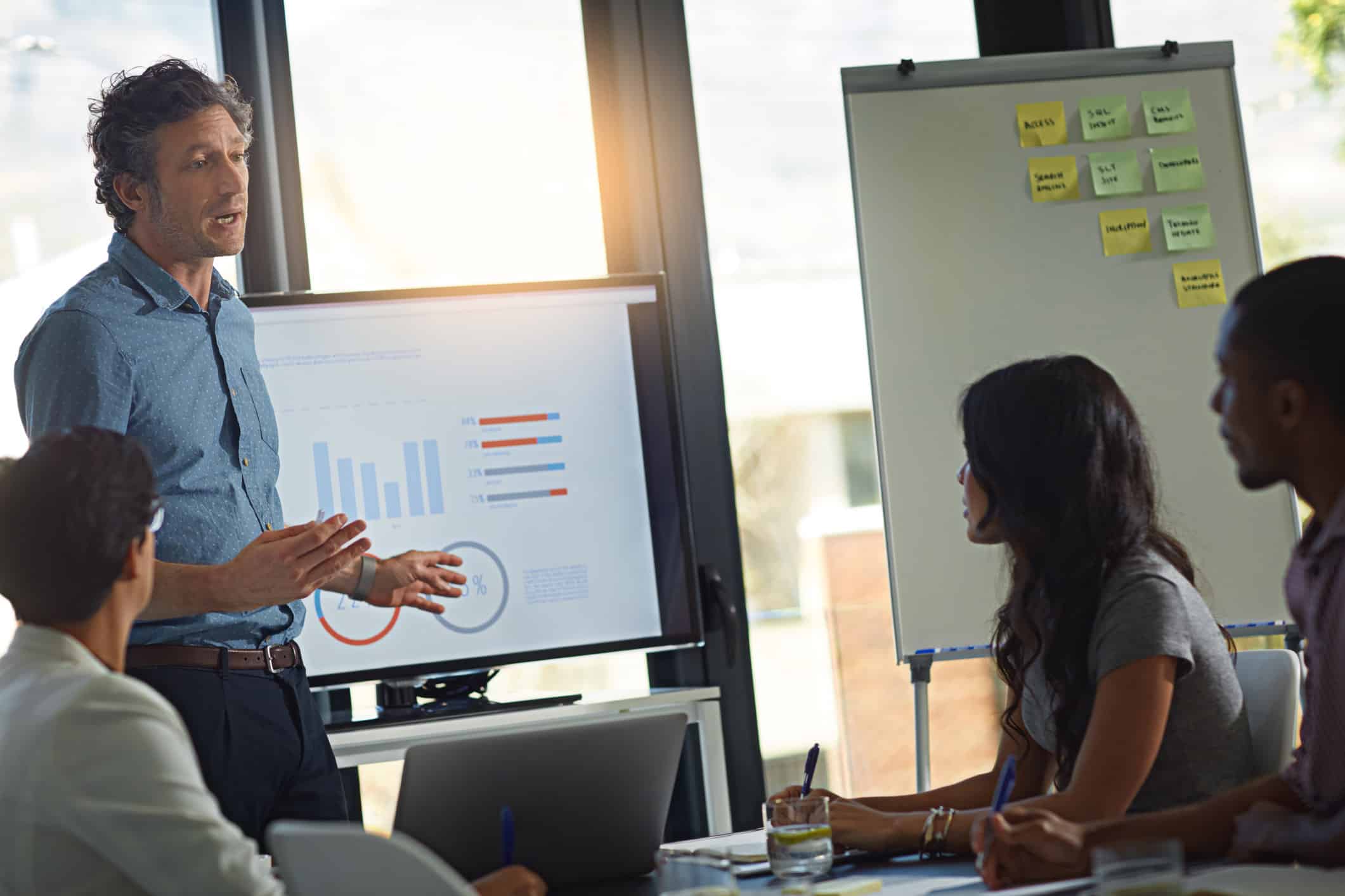 Man presenting charts on Law Firms resource optimization to colleagues with flipchart and notes.