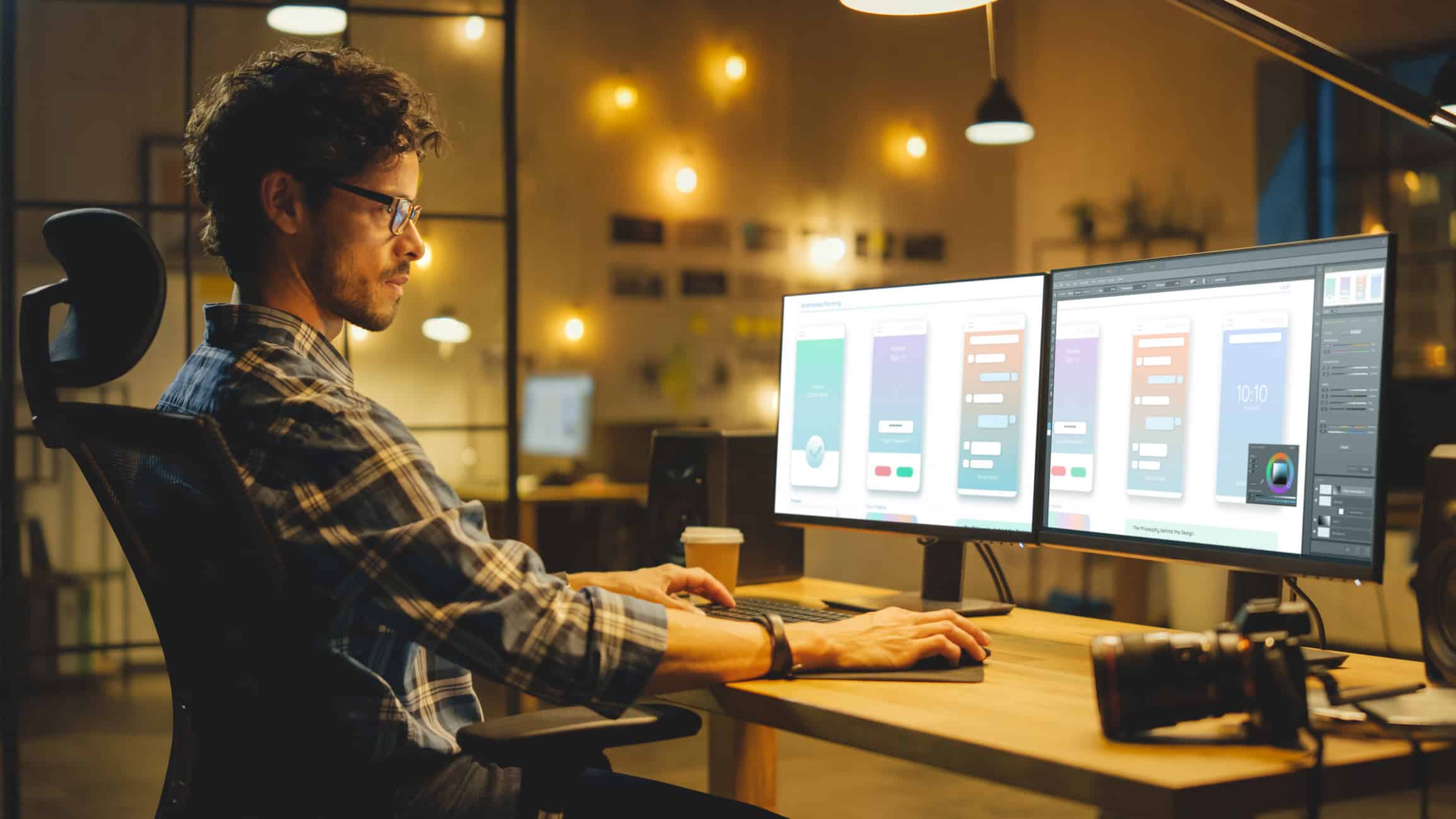 Man working at a desk with two monitors displaying eDiscovery Data Management solutions.