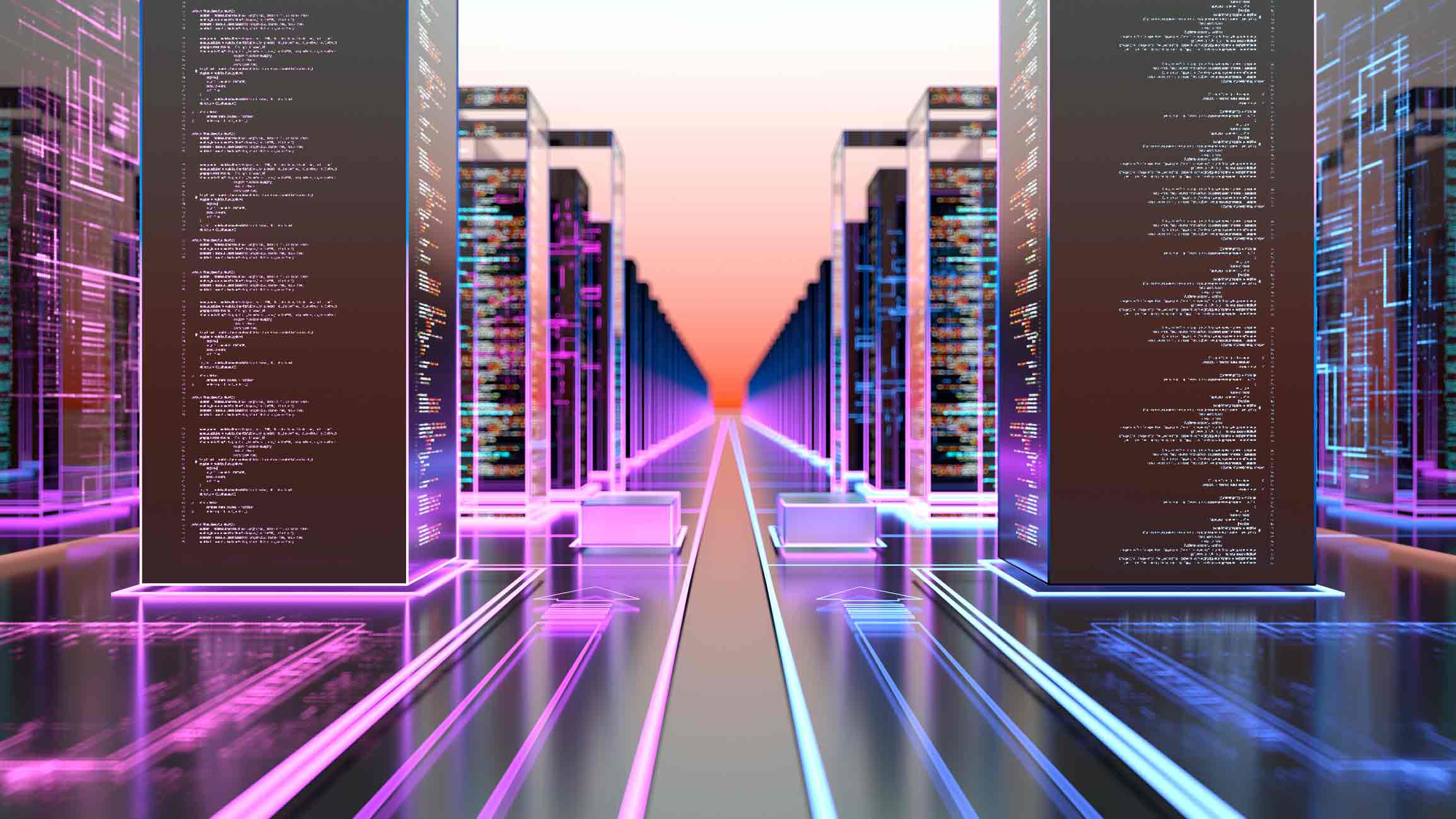 Futuristic data center with CAL Consulting Services, glowing servers, and neon lights in symmetry.