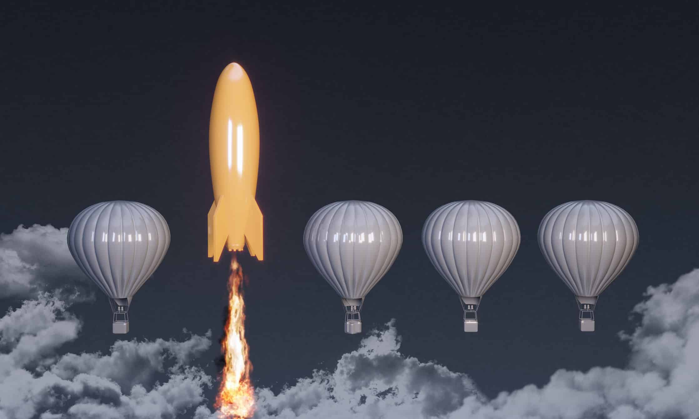 A yellow rocket launches upward among four white hot air balloons at night, powered by Law Firm AI.