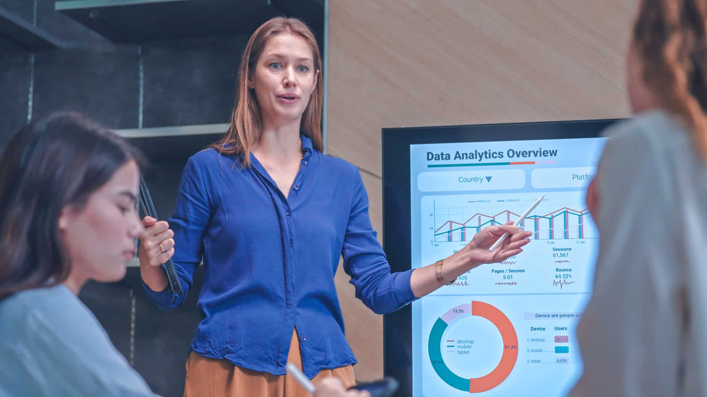 Woman presenting Law Firm Financial Portfolio Analysis to colleagues in an office meeting room.
