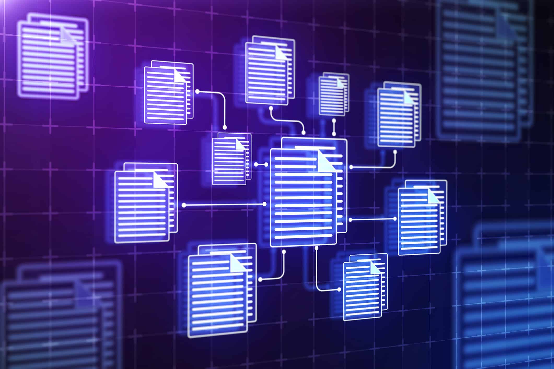 Digital illustration of predictive modeling and smart review prioritization on a glowing grid.