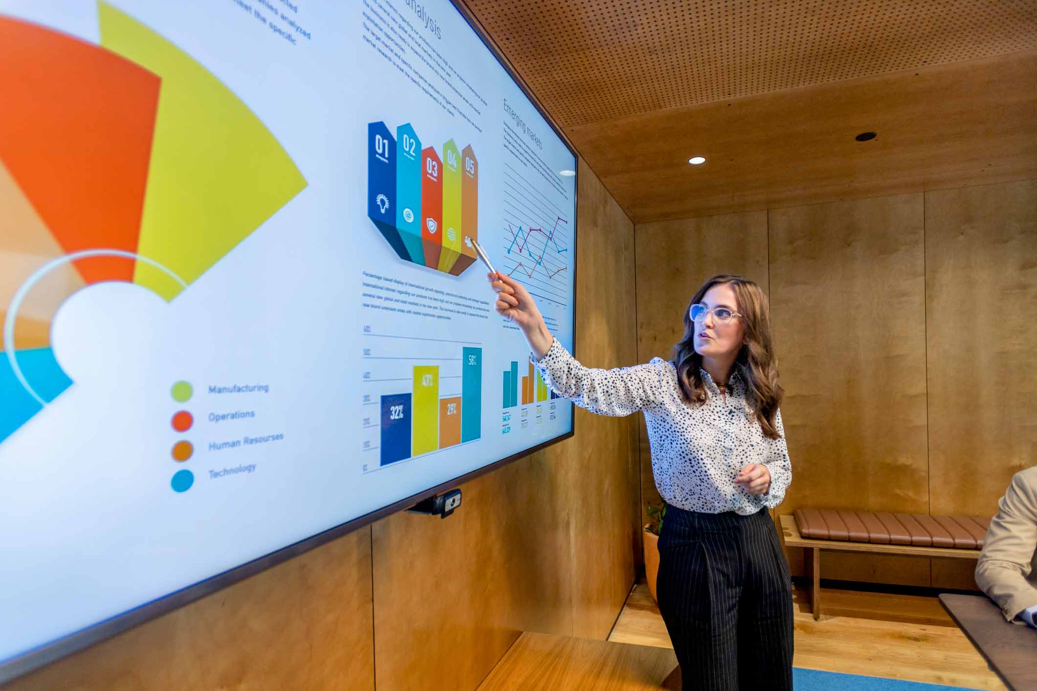 Woman presenting real-time data & analytics dashboards on colorful charts in a modern office.