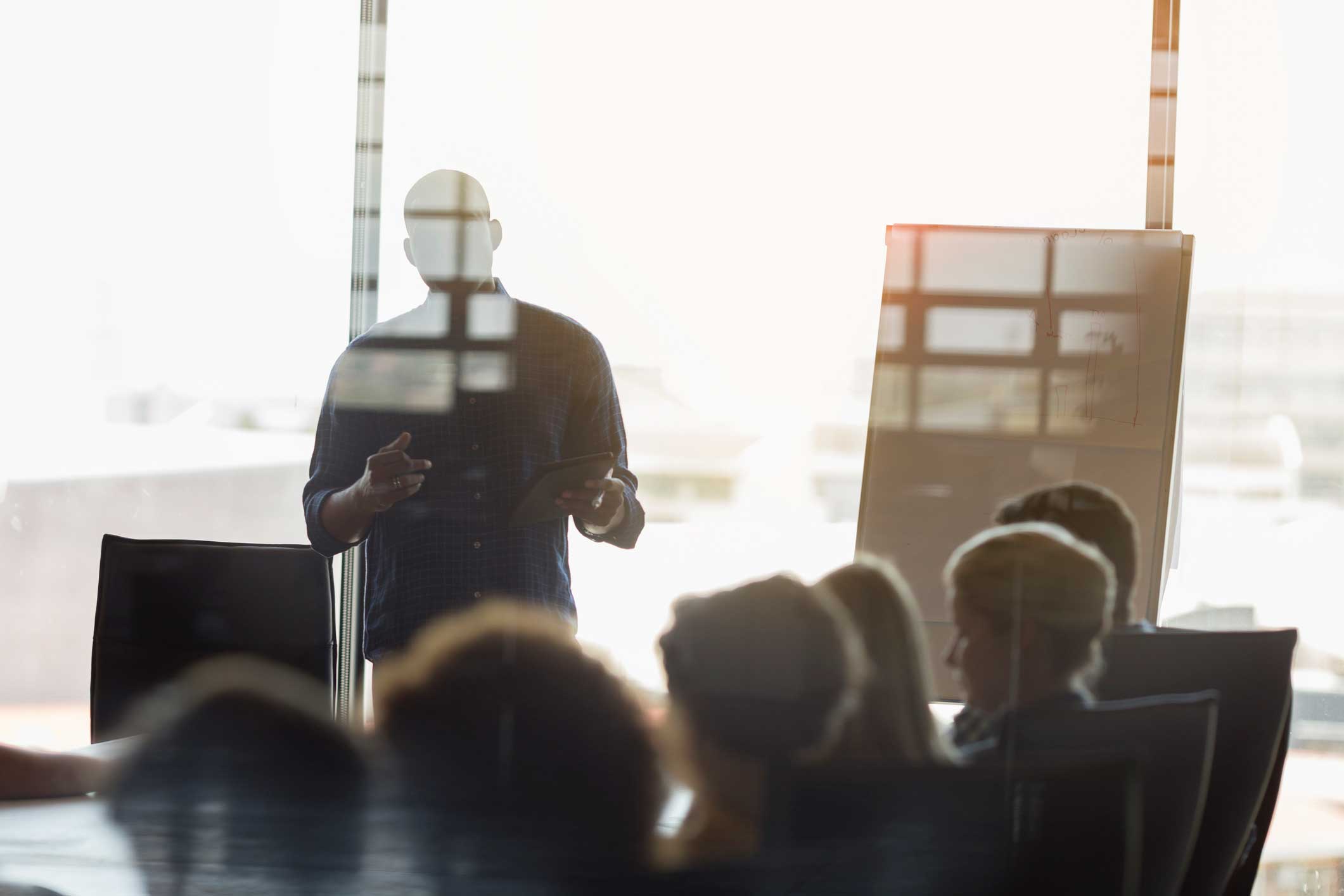 A person presents IT disaster recovery planning strategies to a group in a conference room.