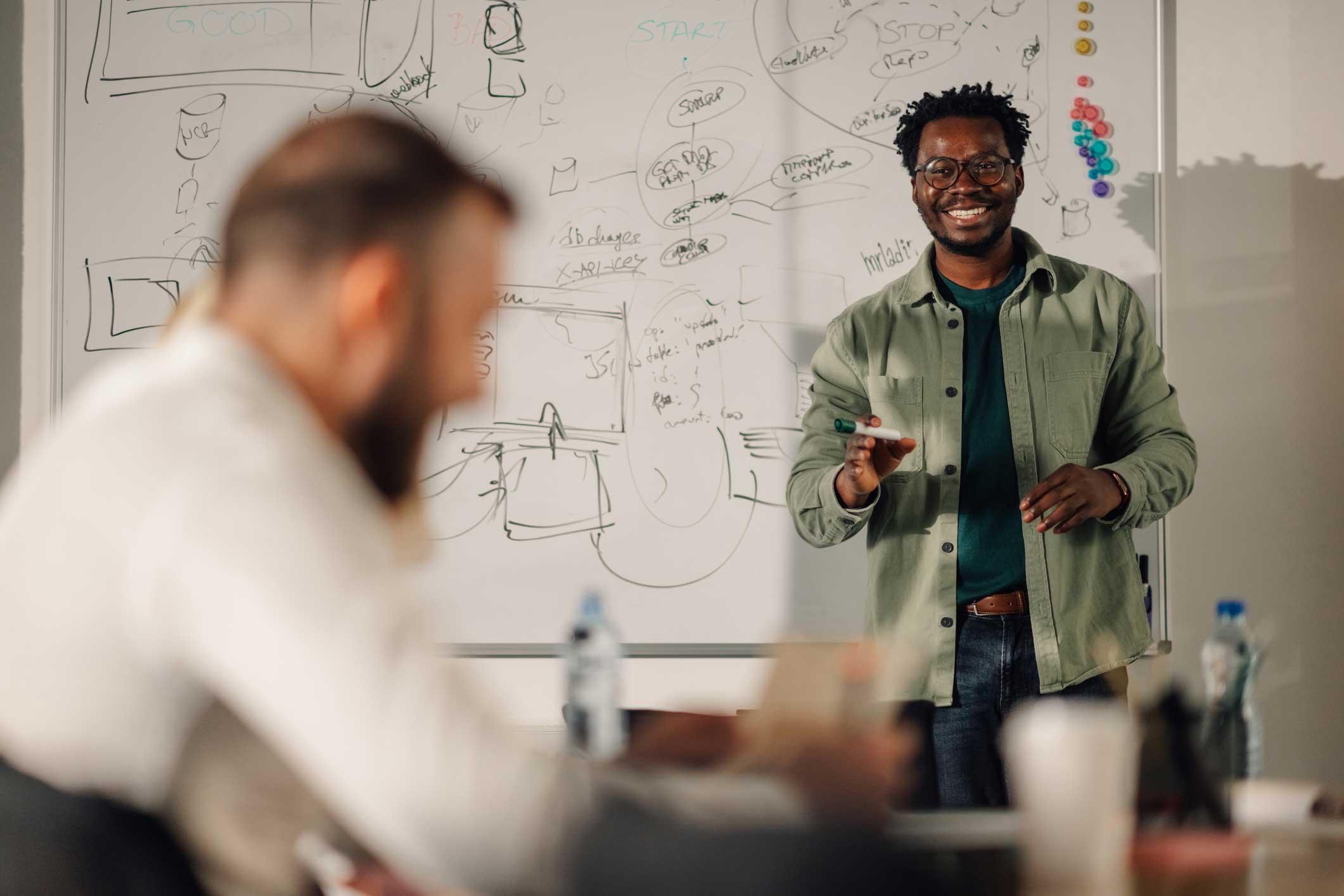 Man presenting and smiling in front of a whiteboard with eDiscovery and AI adoption diagrams.