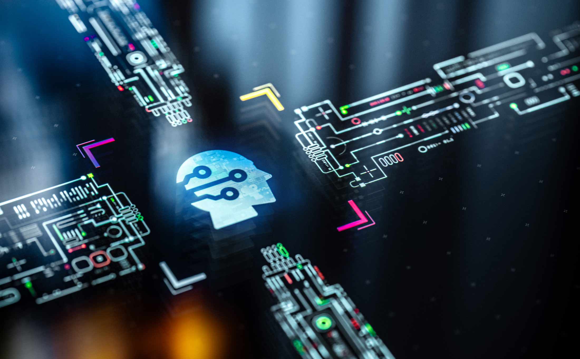 Digital illustration of a human head with circuit patterns and futuristic technology graphics.