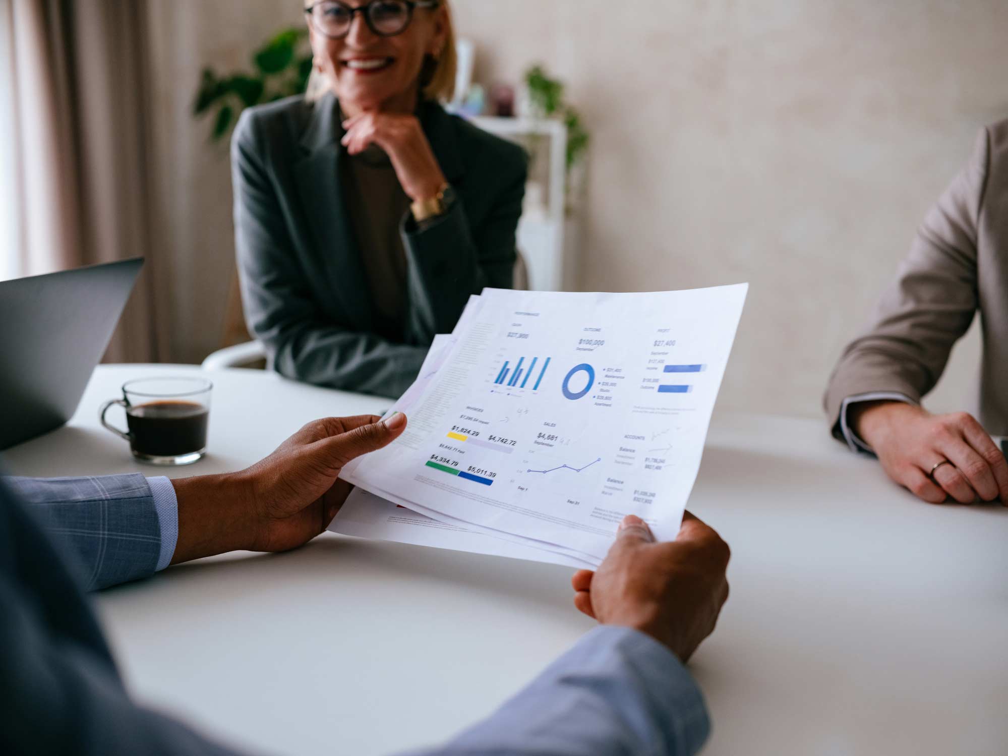 Person sharing an Advanced Analytics Use Case on charts during a business meeting.