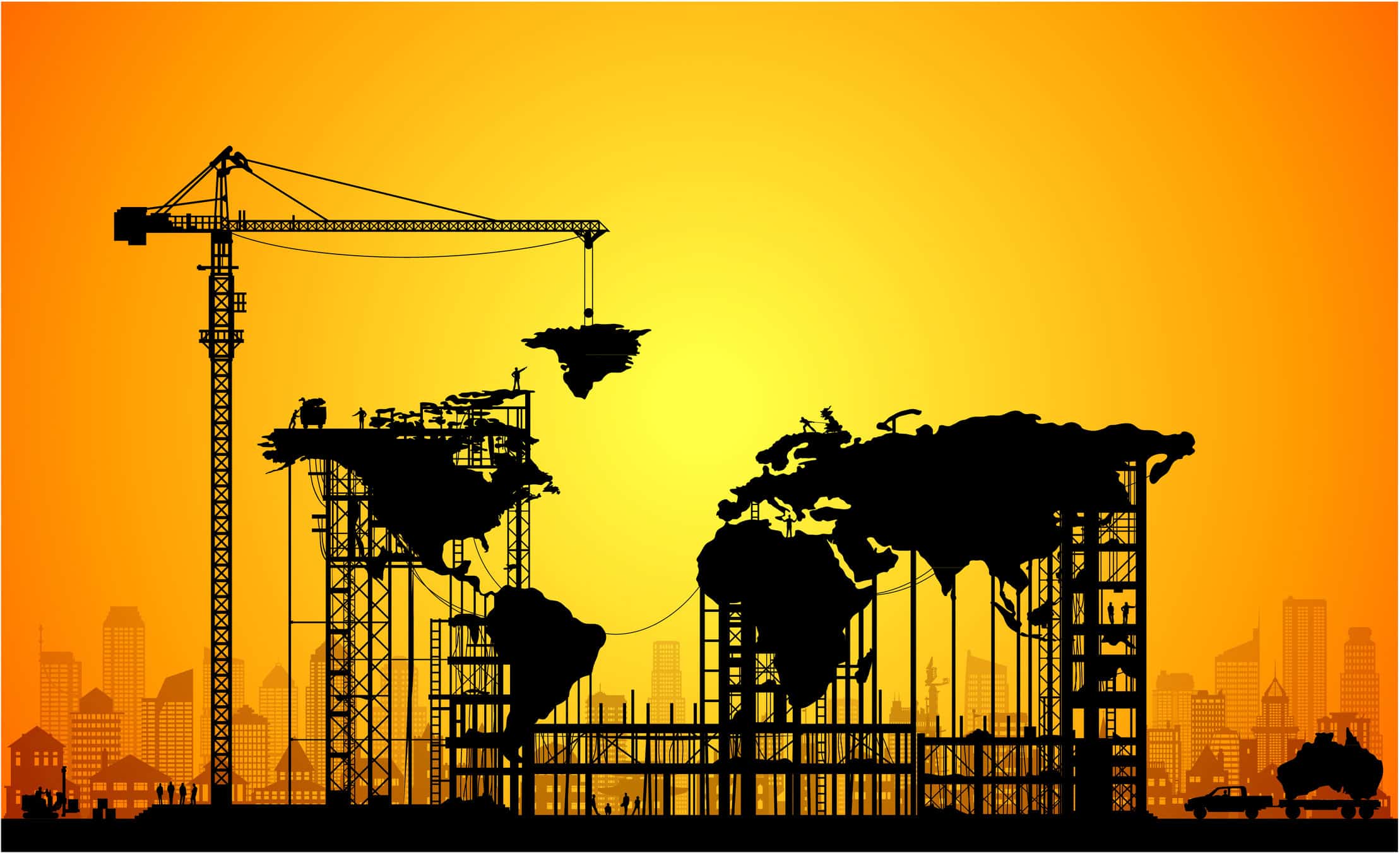 A crane builds continents, mirroring competitive strategy consulting across a sunset skyline.