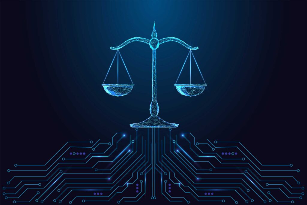 Digital scales of justice above circuit lines, symbolizing Digital Forensics Consulting.