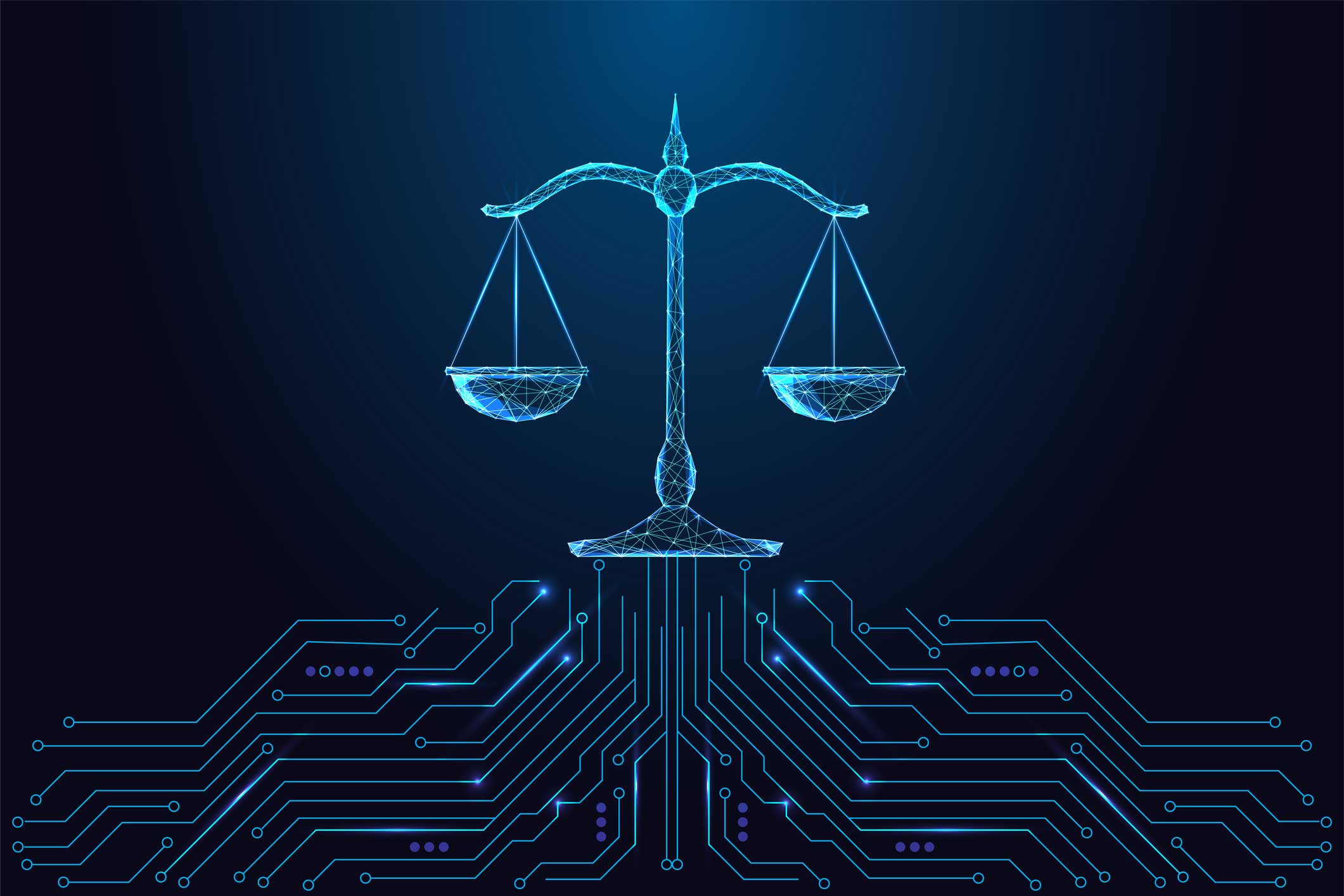 Digital scales of justice above circuit lines, symbolizing Digital Forensics Consulting.