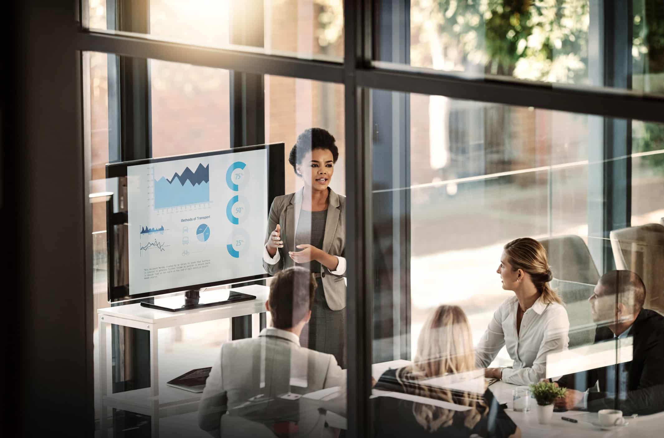 Woman presenting charts on Law Firm Growth Consulting in a modern office meeting room.