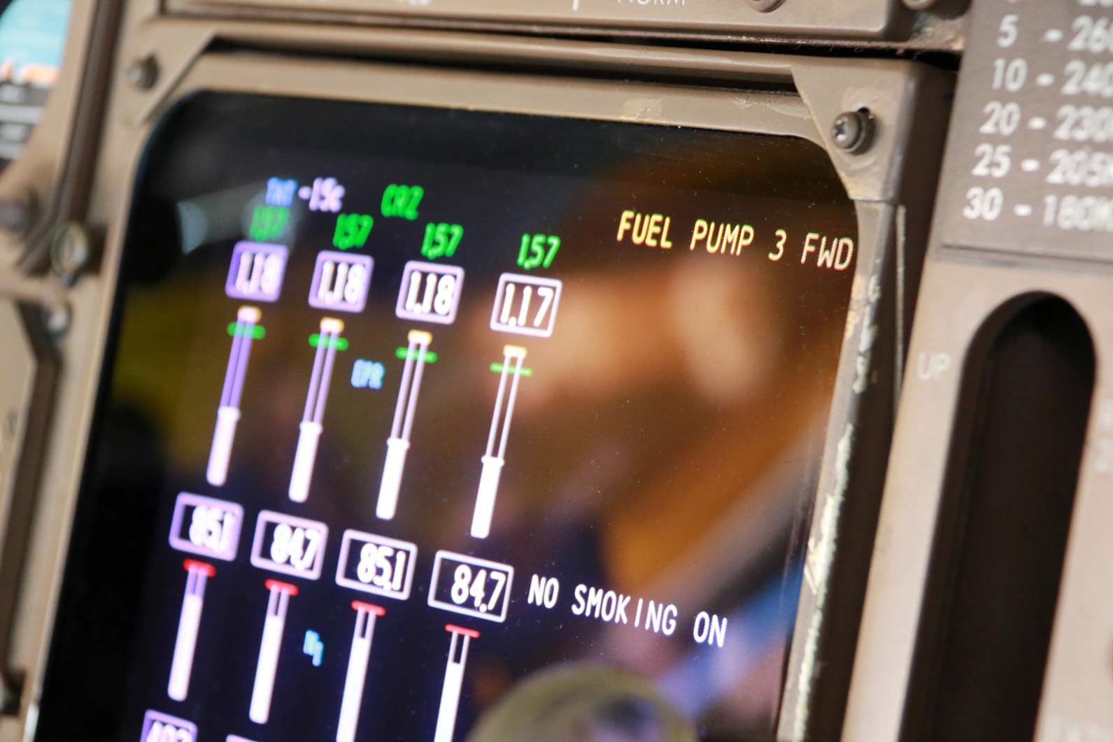 Aircraft cockpit display with AI-powered fuel efficiency optimization and NO SMOKING ON indicator.
