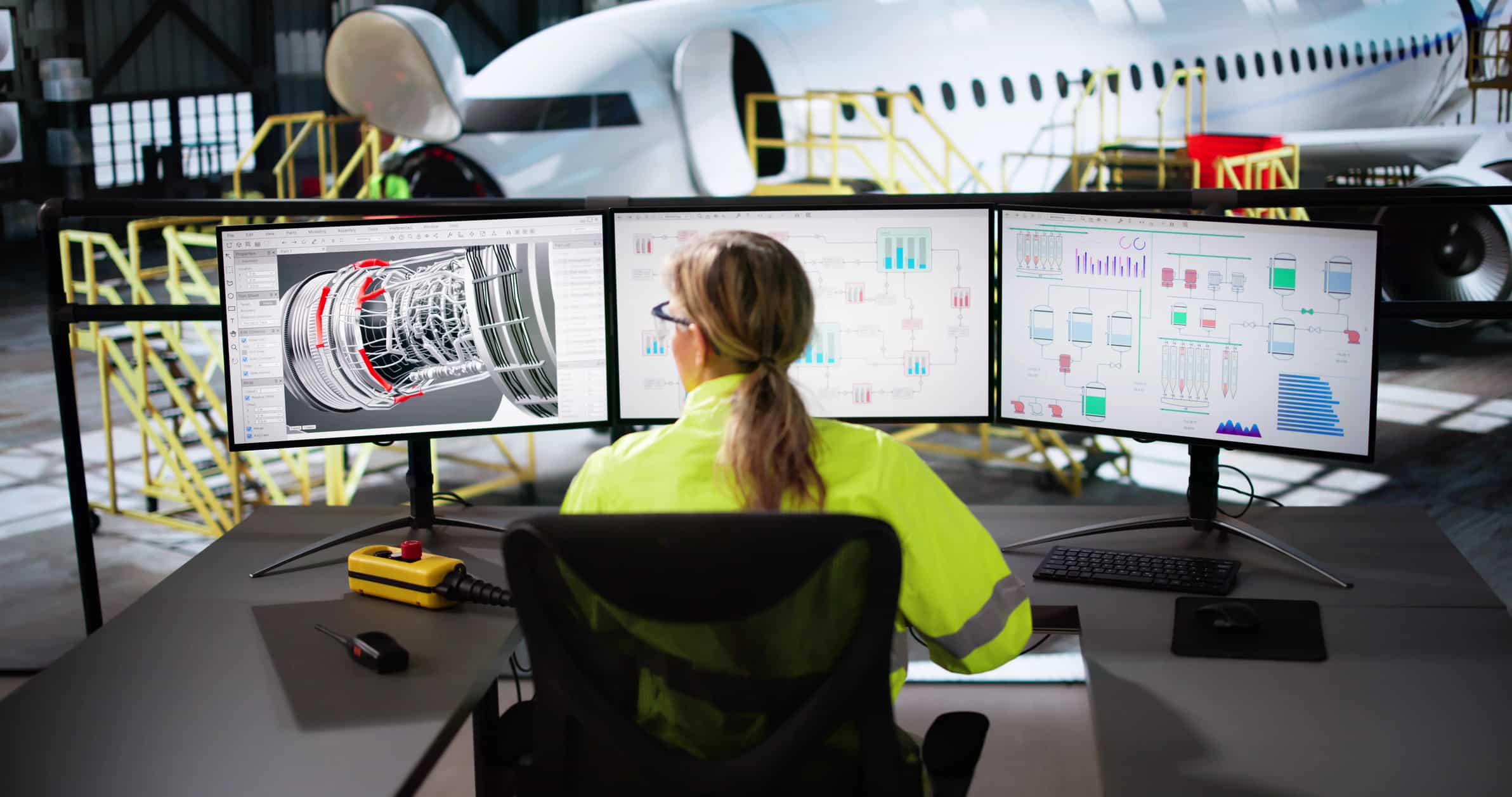 Engineer at desk with three monitors, using AI-Powered MRO Predictive Analytics in aircraft hangar.