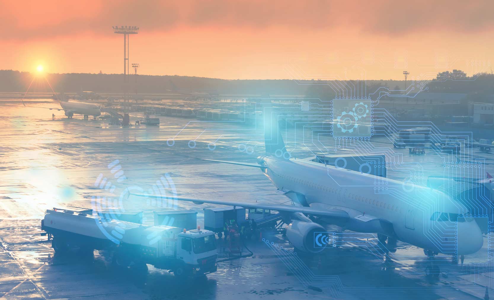 Airplane at sunrise on wet runway, with AI-powered predictive maintenance circuit overlay.
