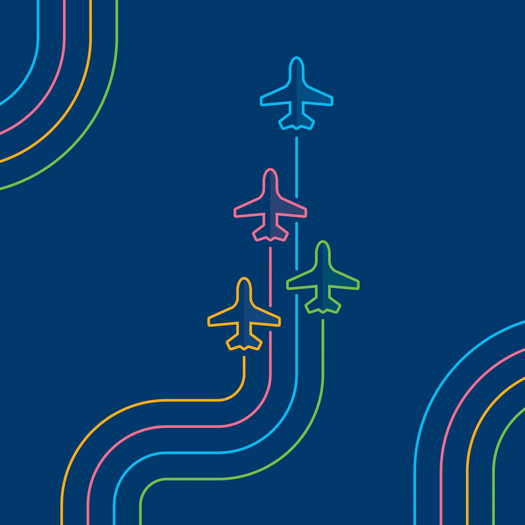 Three colorful jets ascend on curved paths, symbolizing FOS Implementation & Optimization.
