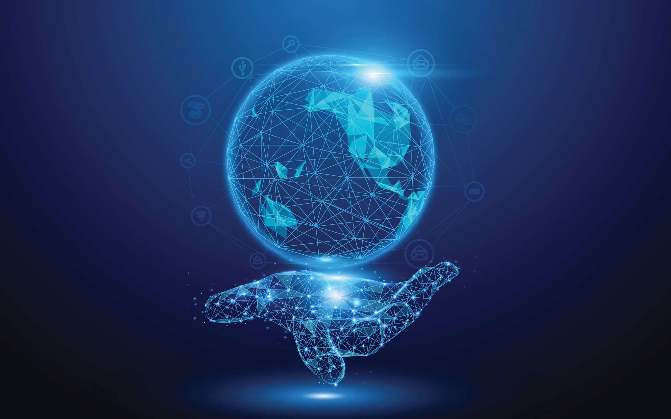 Digital hand holds a glowing globe, symbolizing Global Distribution System (GDS) selection.