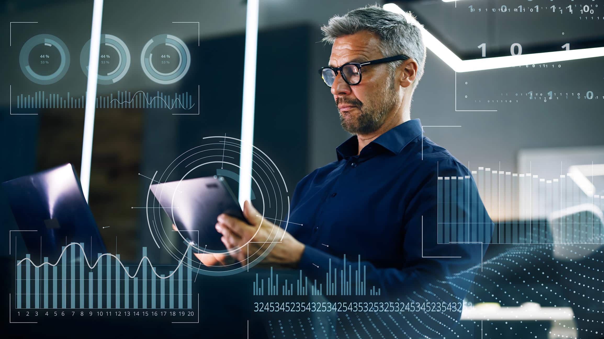 Man with glasses using a tablet, surrounded by Hospitality IT Transformation Consulting graphics.