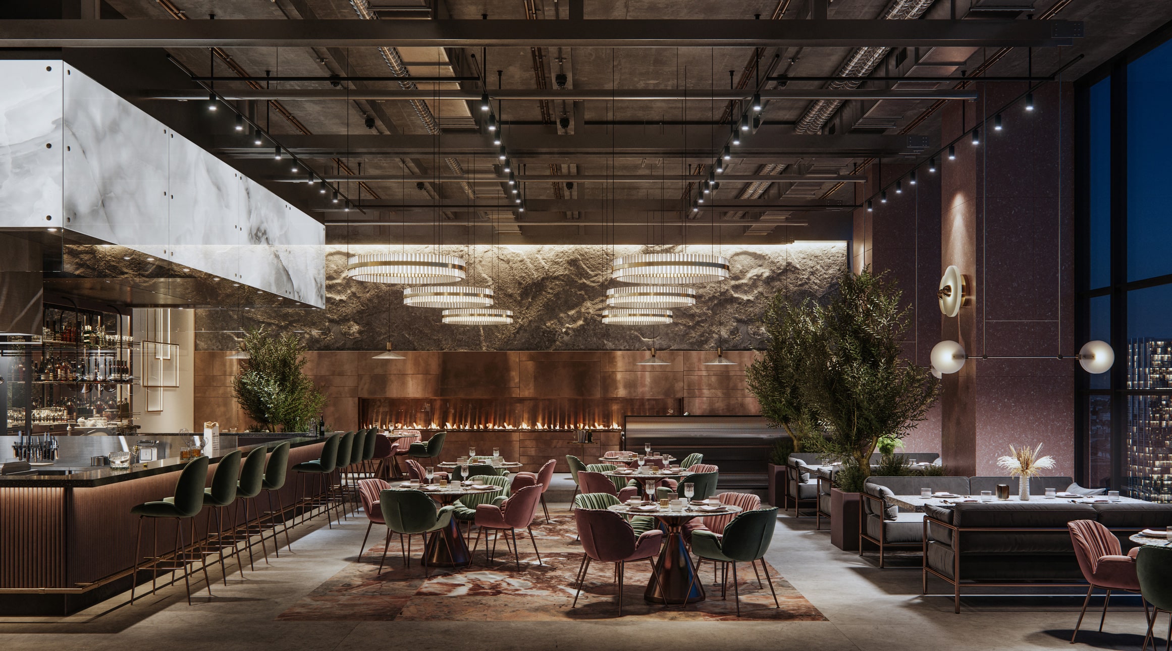 Modern restaurant interior with elegant lighting, velvet chairs, a bar, and hotel brand positioning.